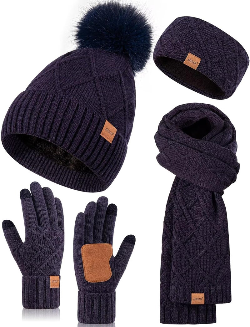 APEVAN Womens Winter Hat Gloves Scarf Headband Set, Pom Pom Beanie Long Scarf Touchscreen Gloves Ear Warmer, 4 in 1 Warm Gift Set - Image 1